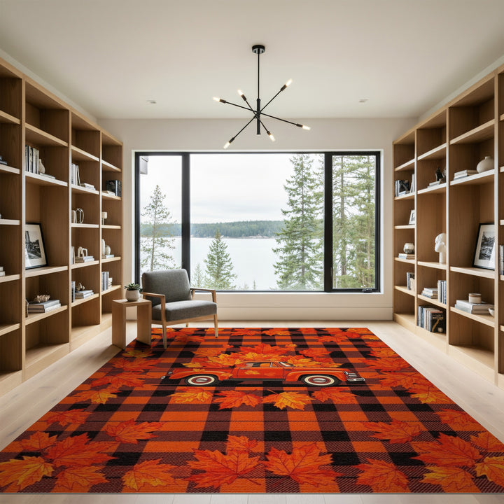 Vintage Orange Truck Fall Leaves Area Rug