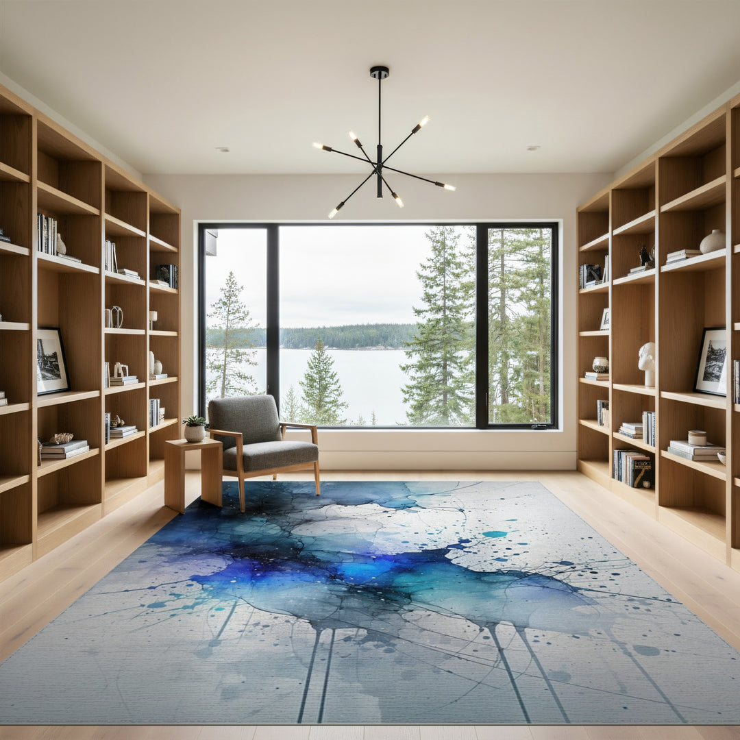 Blue Teal Abstract Ink Area Rug