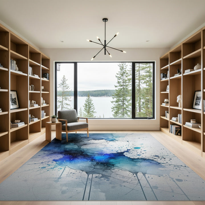 Blue Teal Abstract Ink Area Rug