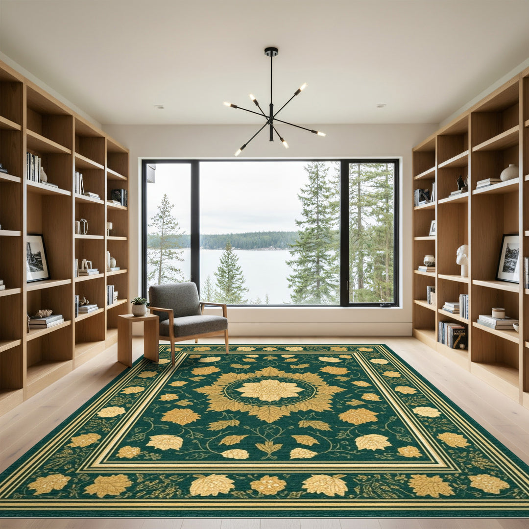 Green Floral Vintage Area Rug with Gold Medallion