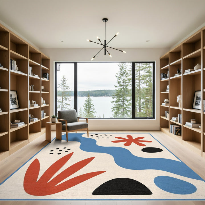 Blue Abstract Area Rug with Red Accents