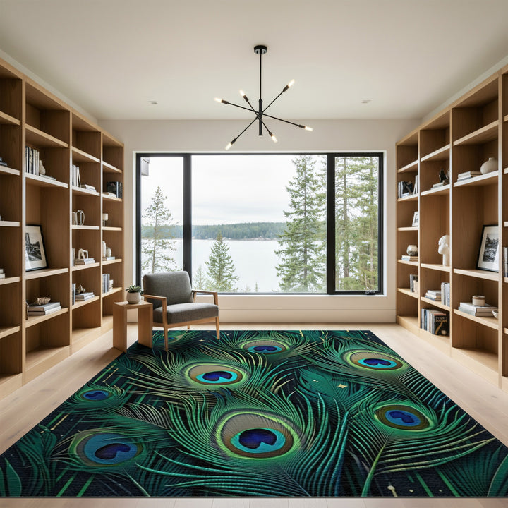 Peacock Feather Teal Green Area Rug