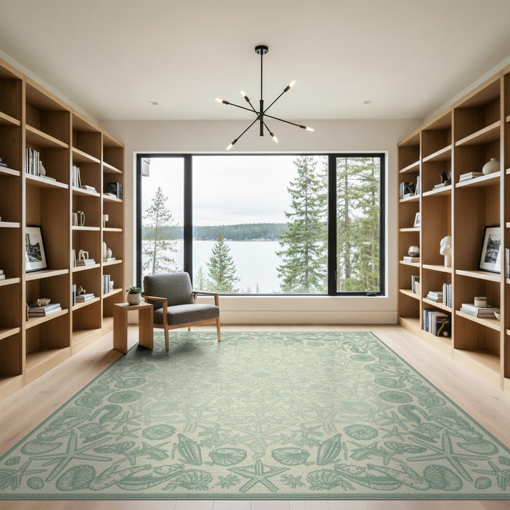 Blue and Teal Coastal Seashell and Starfish Area Rug
