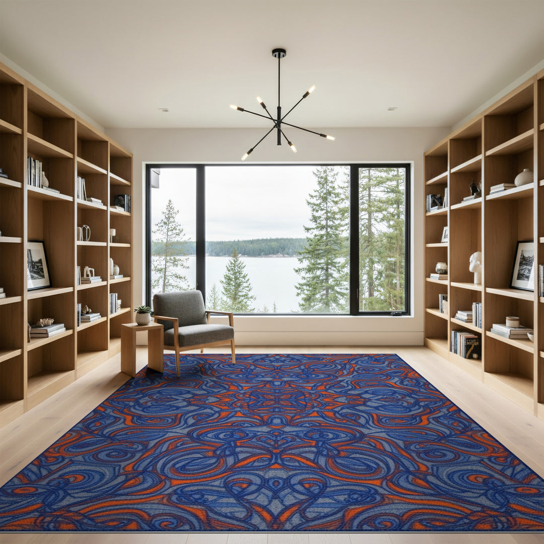 Blue Orange Abstract Swirl Area Rug