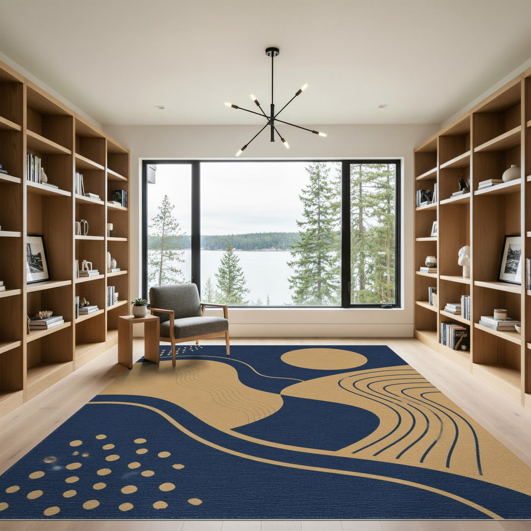 Blue and Teal Navy Gold Abstract Wave Area Rug