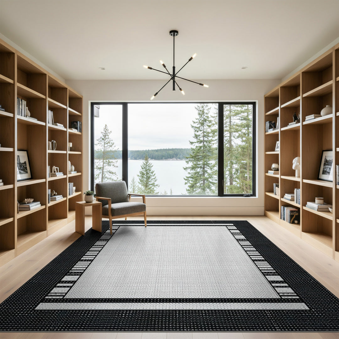 Black White Geometric Border Area Rug