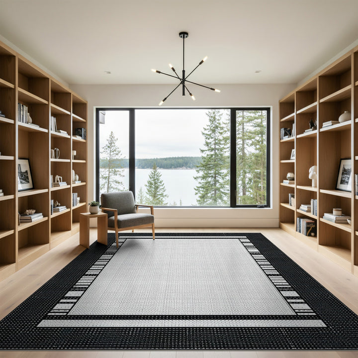 Black White Geometric Border Area Rug