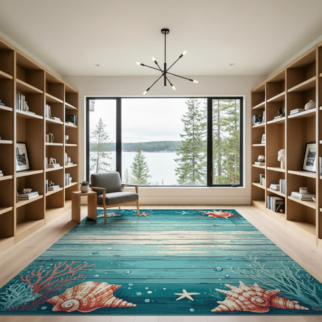Seashell Starfish Teal Coastal Area Rug