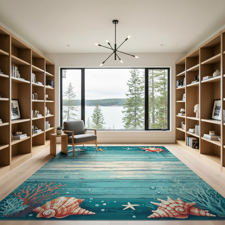 Seashell Starfish Teal Coastal Area Rug