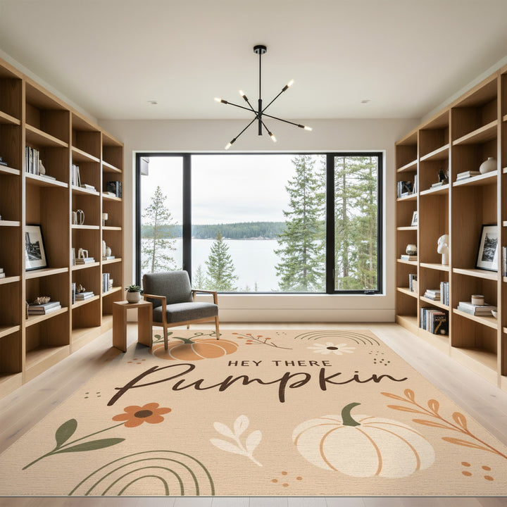 Rustic Farmhouse Hey There Pumpkin Beige Area Rug