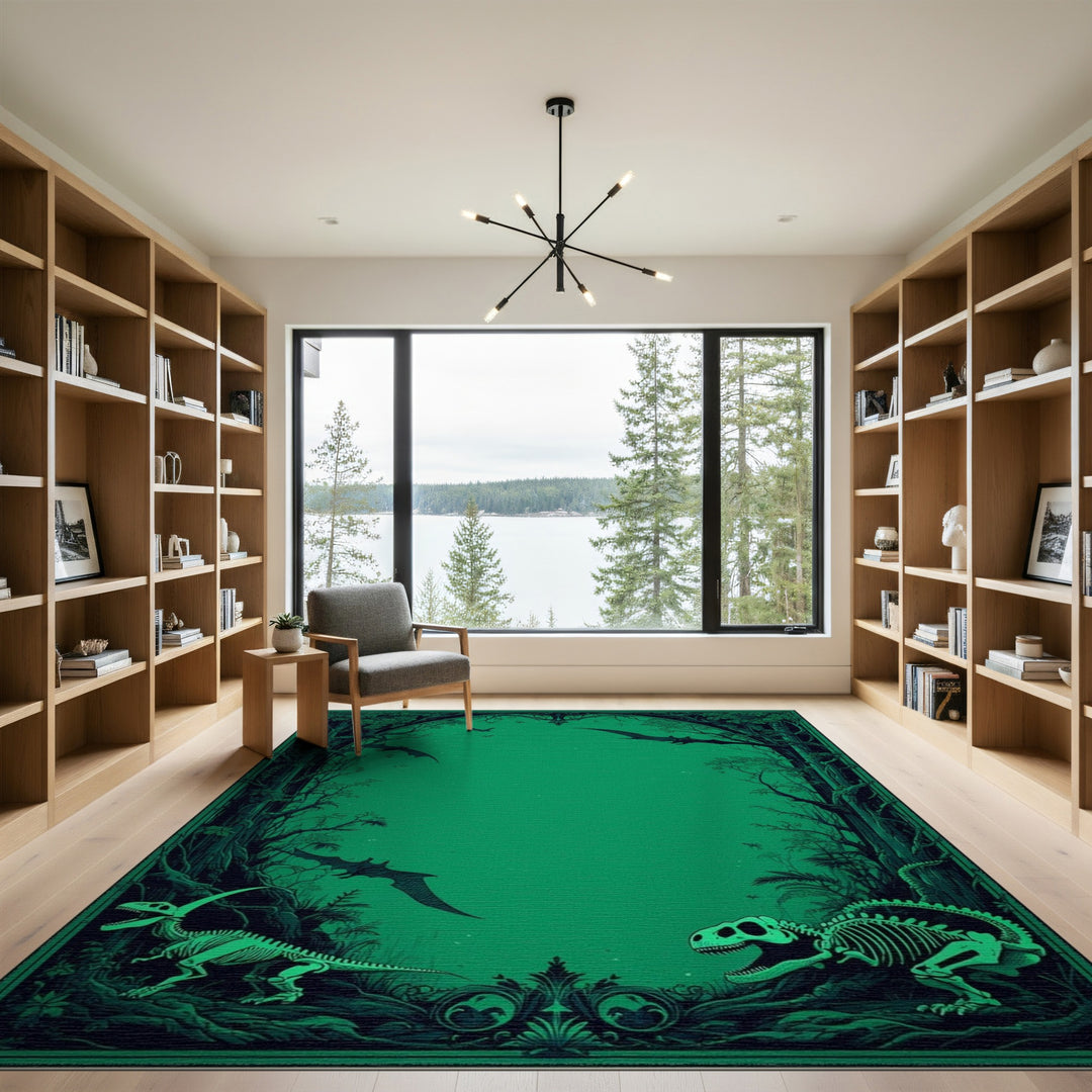 Green Dinosaur Skeleton Jungle Washable Area Rug
