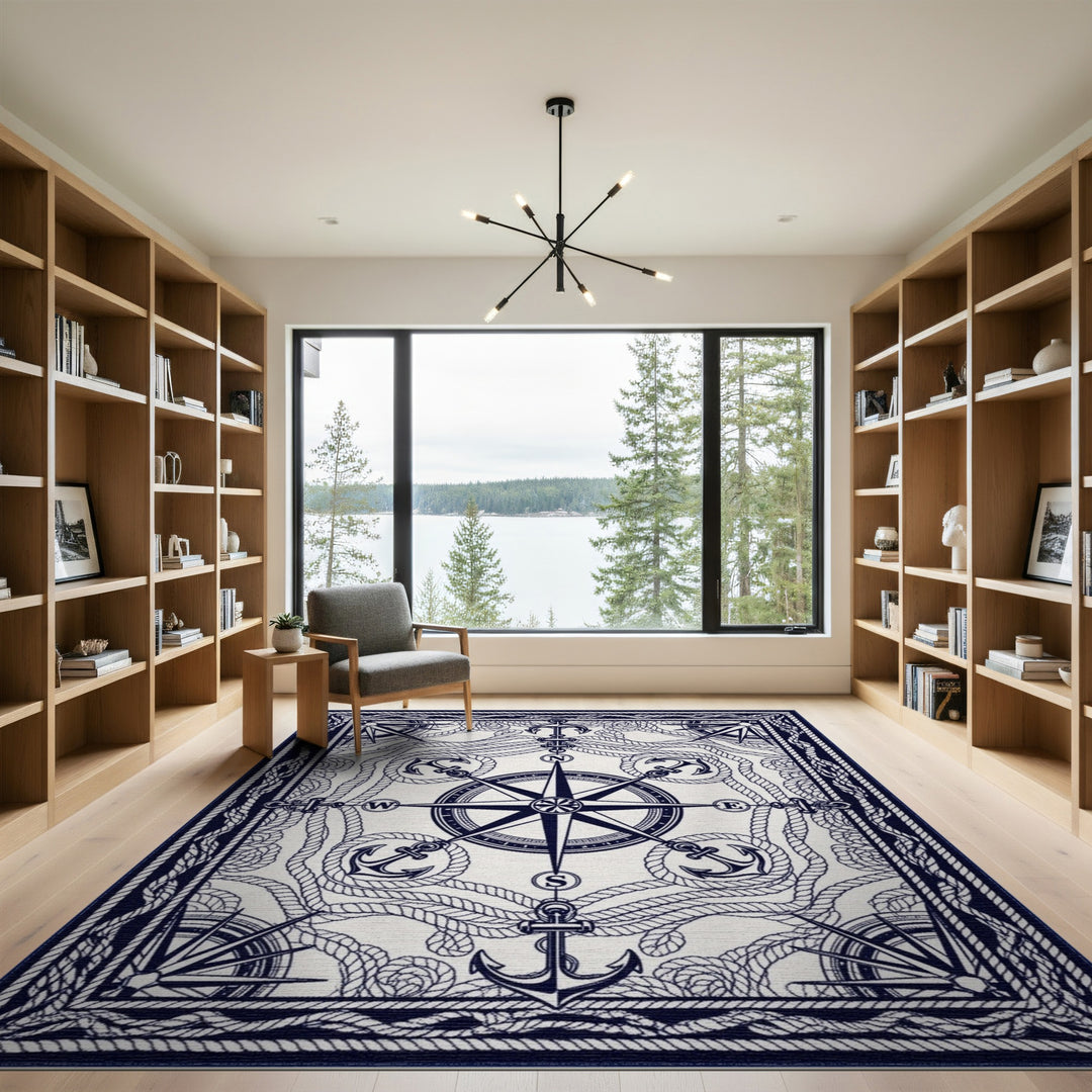 Coastal Beach Nautical Compass Anchor Area Rug