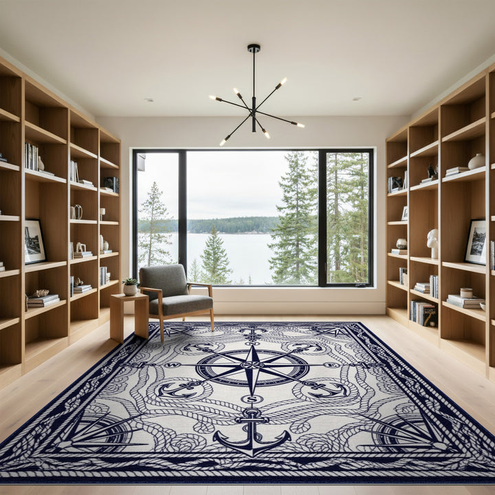 Coastal Beach Nautical Compass Anchor Area Rug