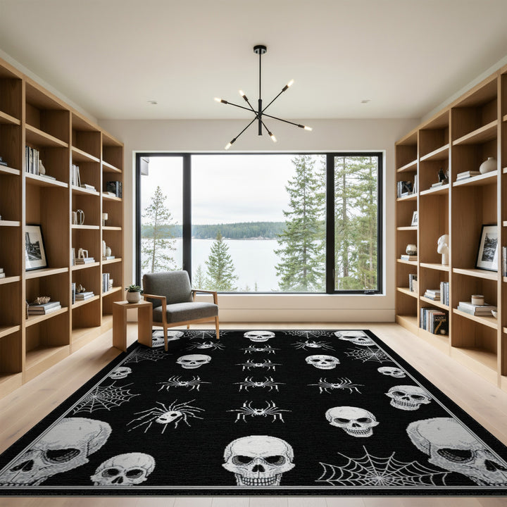 Black White Skull Spider Area Rug