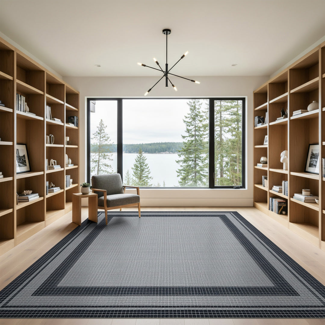 Black White Geometric Border Rug