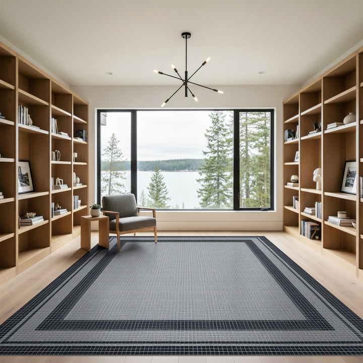 Black White Geometric Border Rug