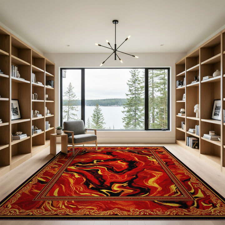 Red Abstract Marble Area Rug with Gold Border