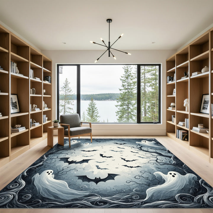 Moonlit Ghosts and Bats Black White Area Rug