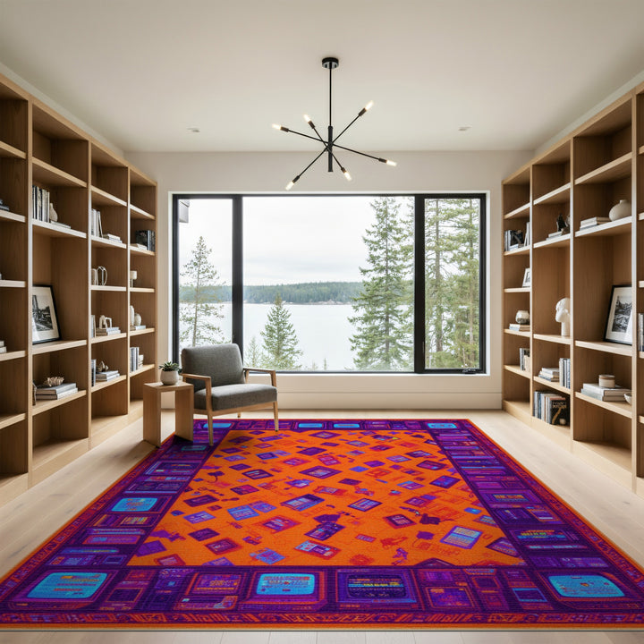 Orange Retro Tech Washable Area Rug