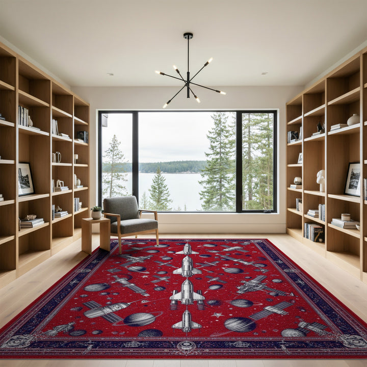Red Space Rocket Washable Area Rug