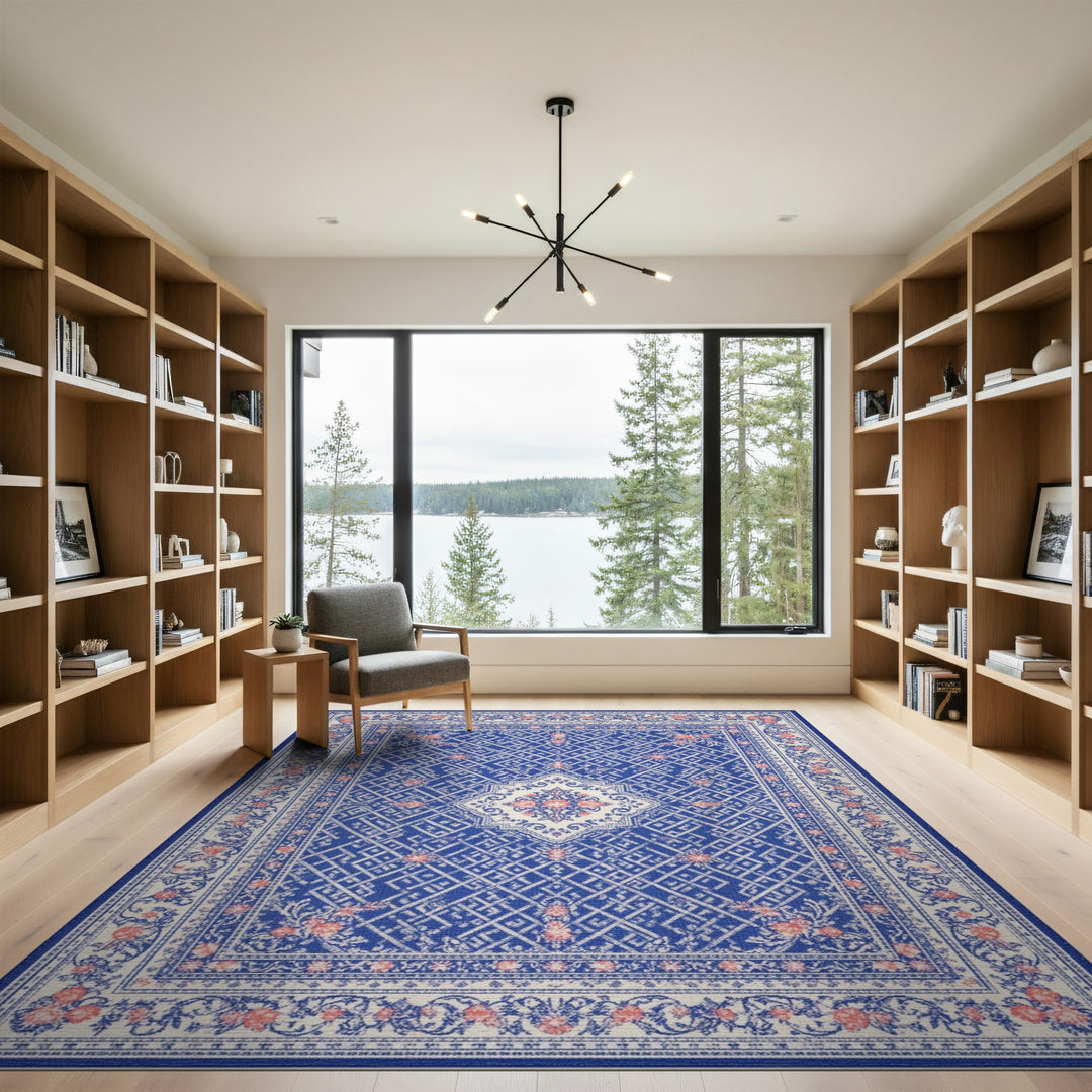 Blue Persian Floral Medallion Traditional Persian Area Rug
