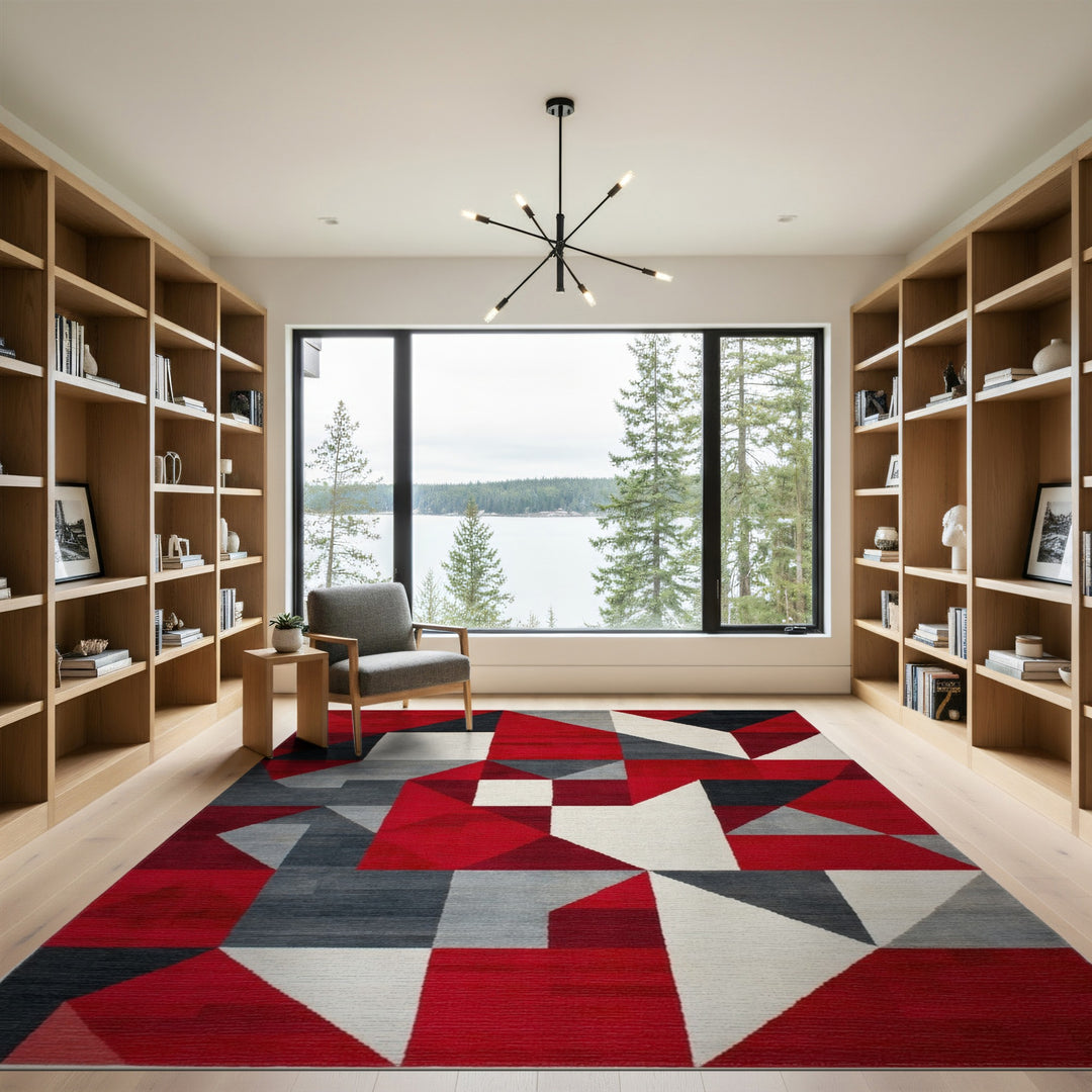 Red Geometric Modern Red Area Rug