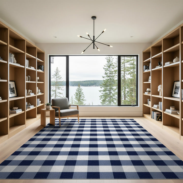 Geometric Modern Navy Blue Gingham Check Area Rug