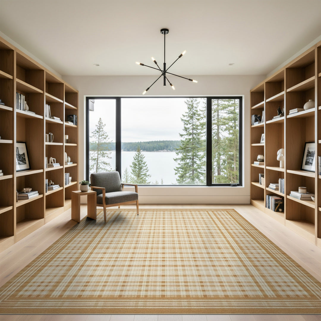 Tan Plaid Checkered Farmhouse Area Rug