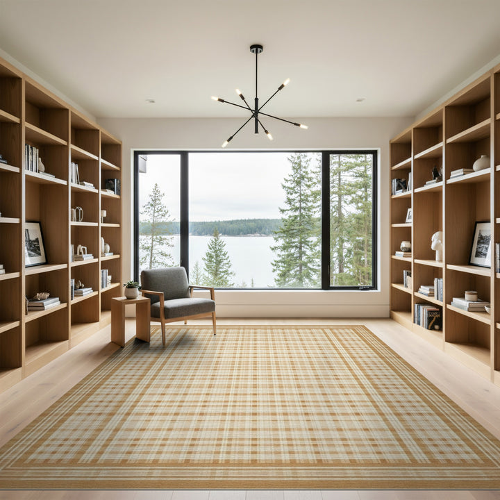 Tan Plaid Checkered Farmhouse Area Rug
