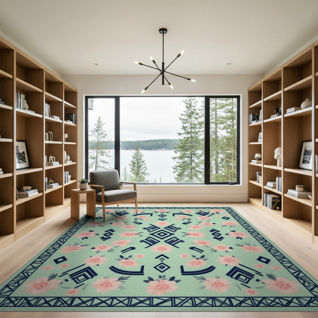Mint Green Floral Geometric Area Rug