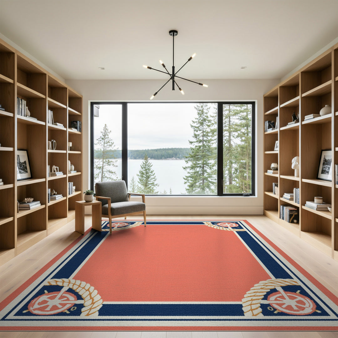 Nautical Coral Ship Wheel Area Rug