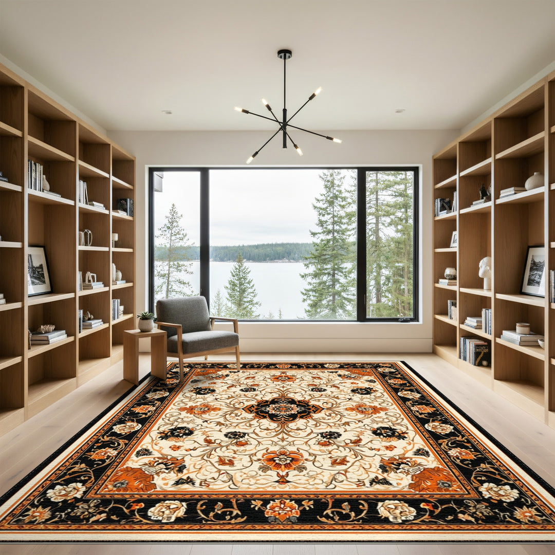 Black Orange Floral Vintage Area Rug