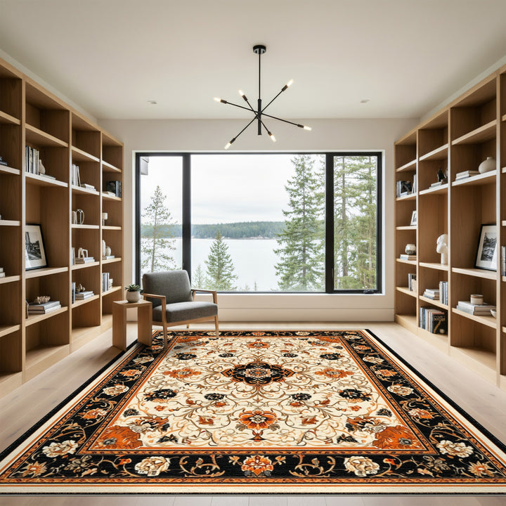 Black Orange Floral Vintage Area Rug