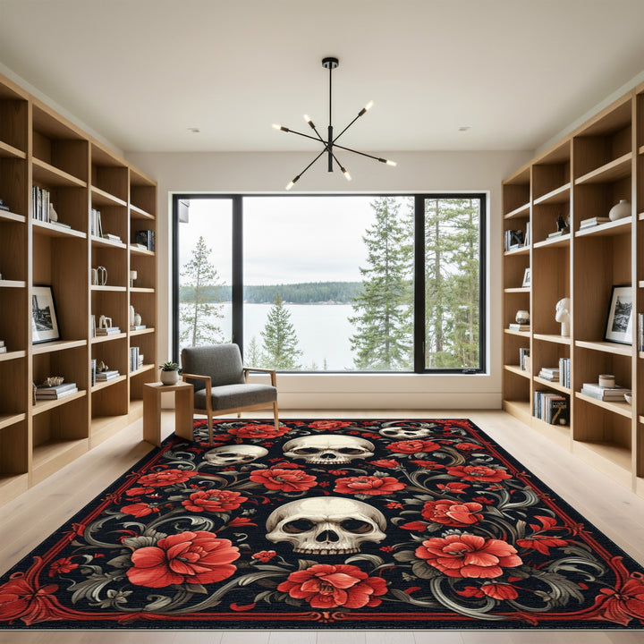 Gothic Skull Red Floral Area Rug