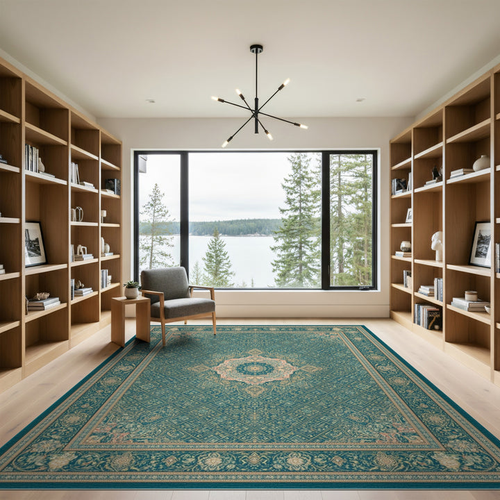 Teal Persian Medallion Area Rug with Floral Border