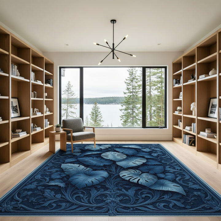 Blue Monstera Leaf Floral Vintage Area Rug