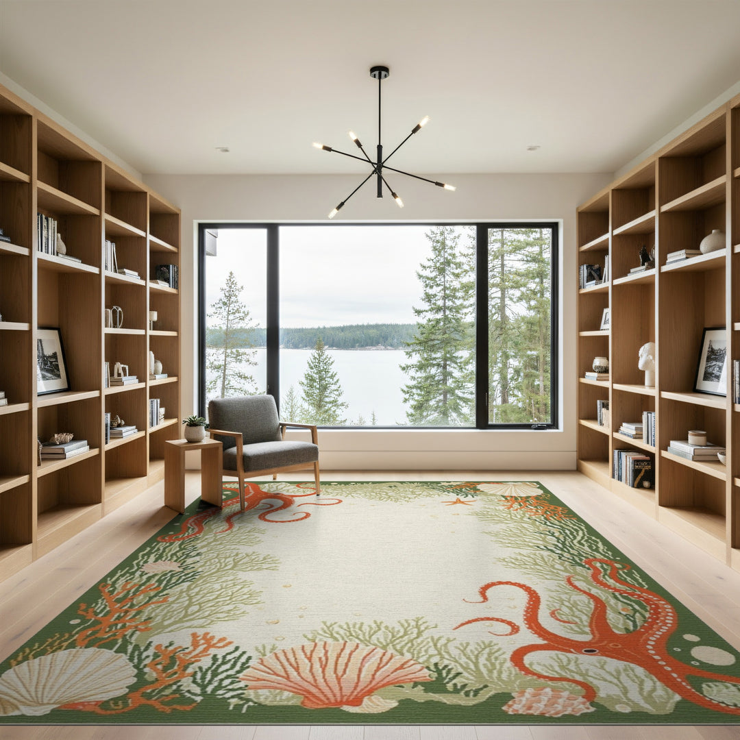 Red Octopus Coastal Green Area Rug