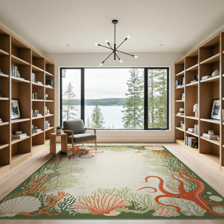 Red Octopus Coastal Green Area Rug