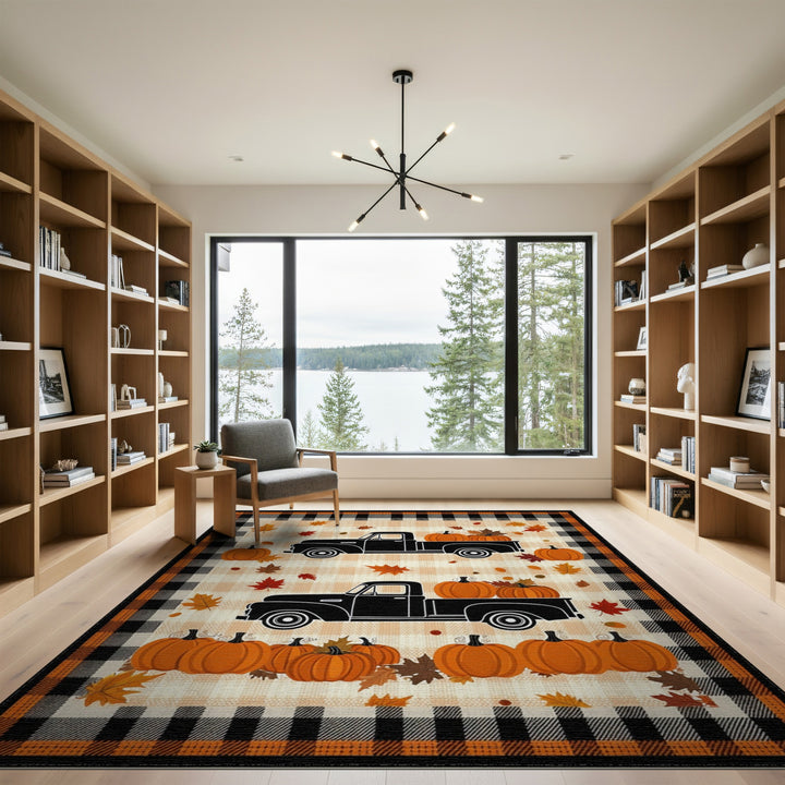 Autumn Pumpkin Truck Orange Plaid Area Rug
