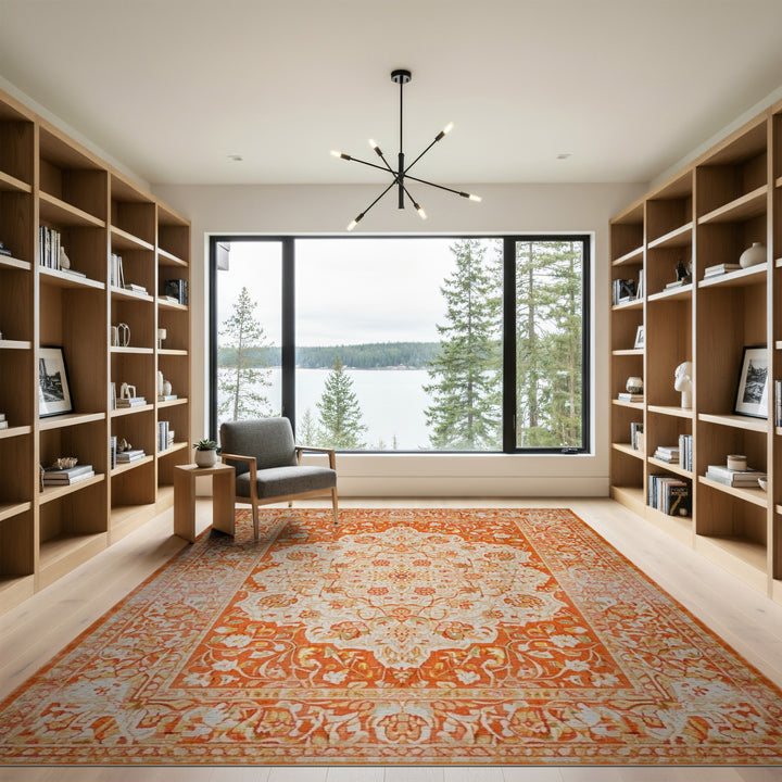 Orange Floral Persian Traditional Persian Area Rug