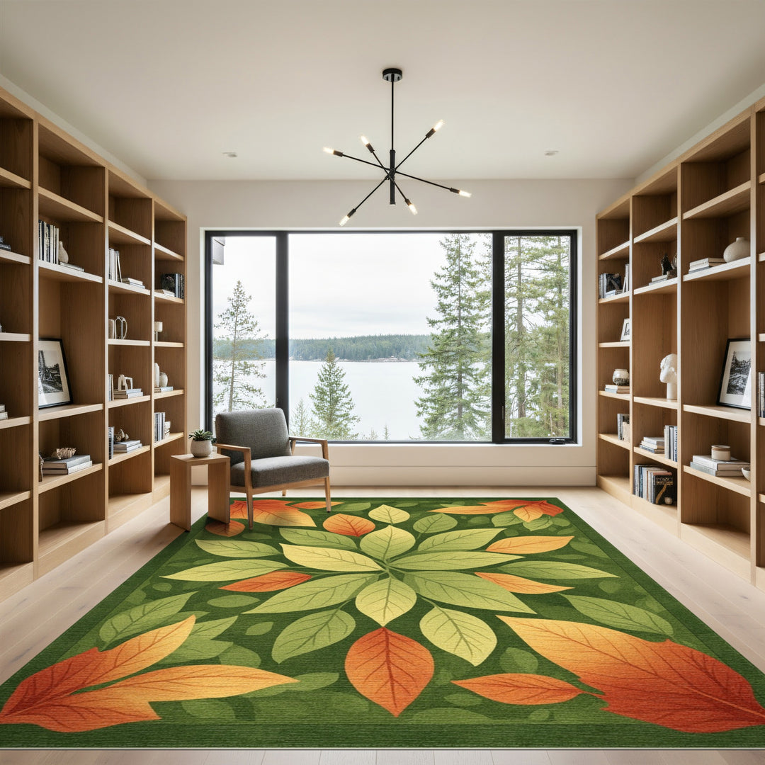 Green Autumn Leaf Floral Area Rug