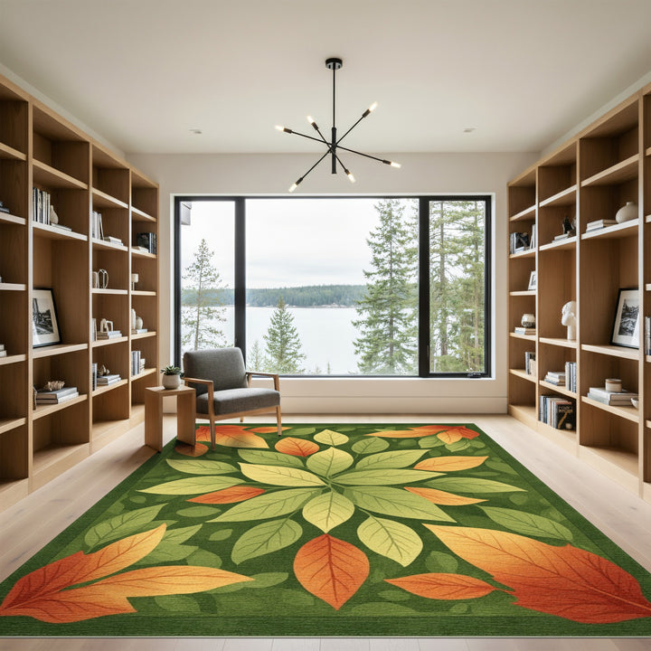 Green Autumn Leaf Floral Area Rug