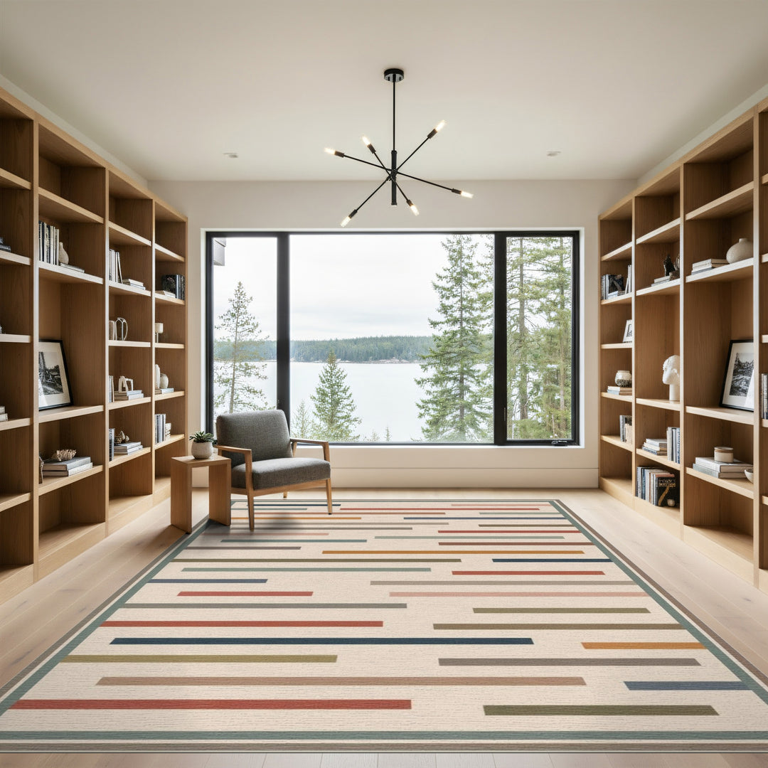 Beige Geometric Striped Geometric Modern Area Rug
