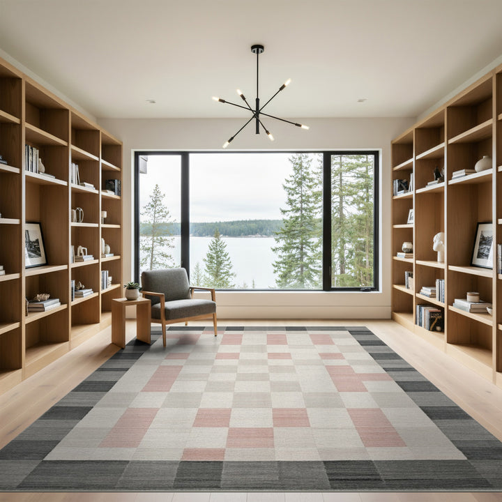 Grey Pink Checkered Geometric Area Rug