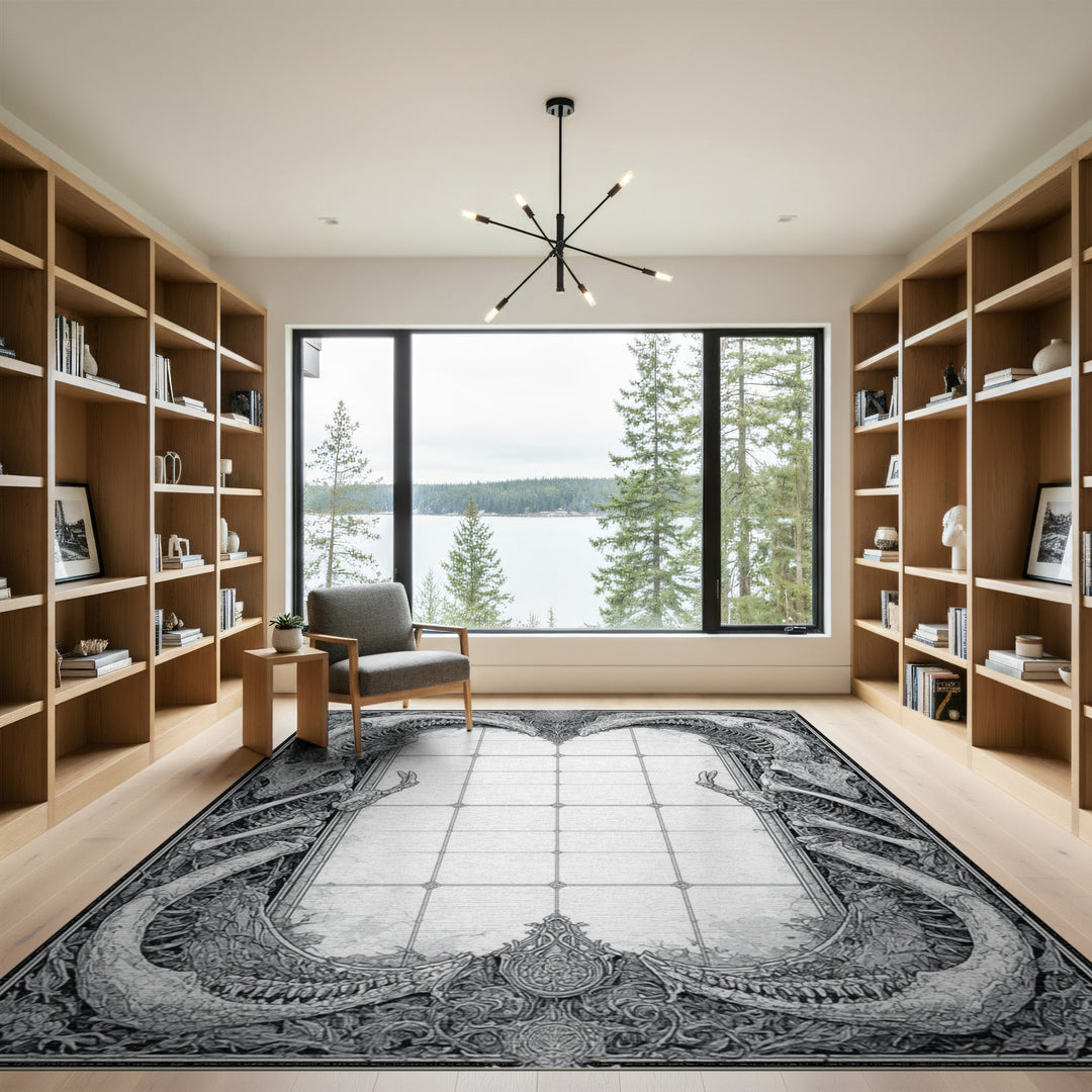 Dragon Skeleton Black White Area Rug