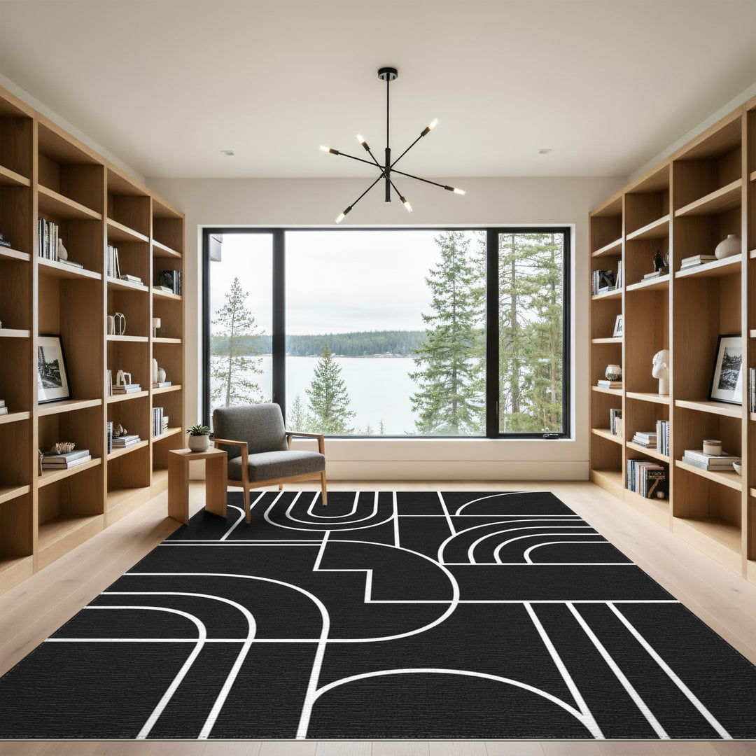 Black White Geometric Abstract Area Rug