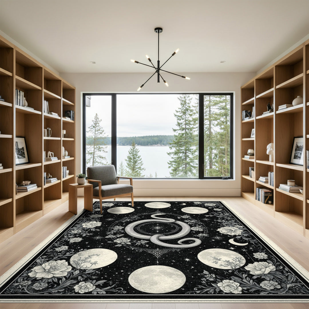 Black White Celestial Serpent Floral Rug