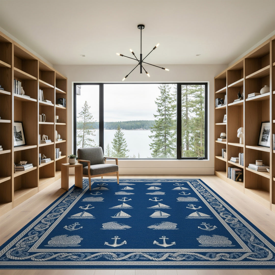 Nautical Blue Anchor Sailboat Area Rug