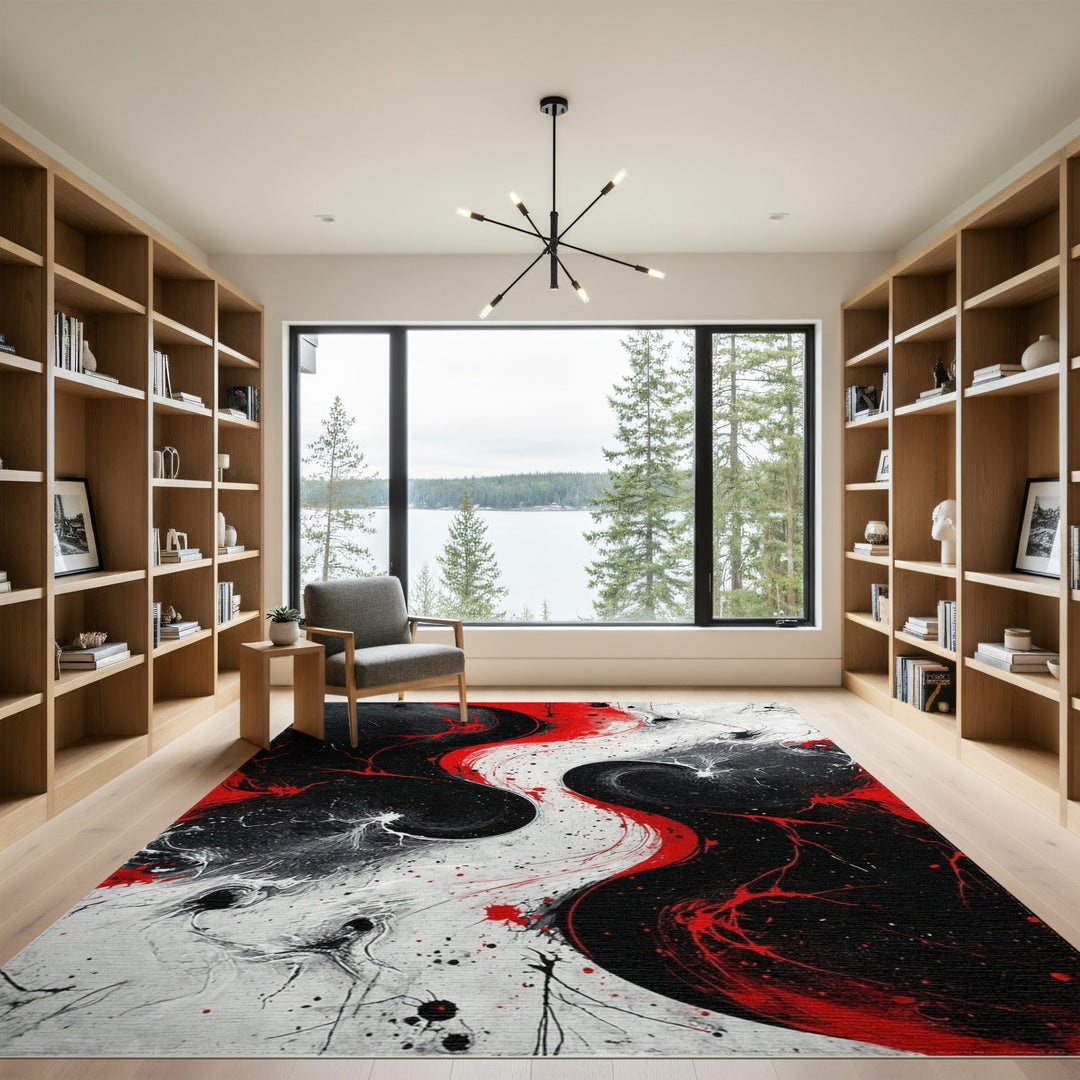 Bold Red Black Swirl Abstract Area Rug