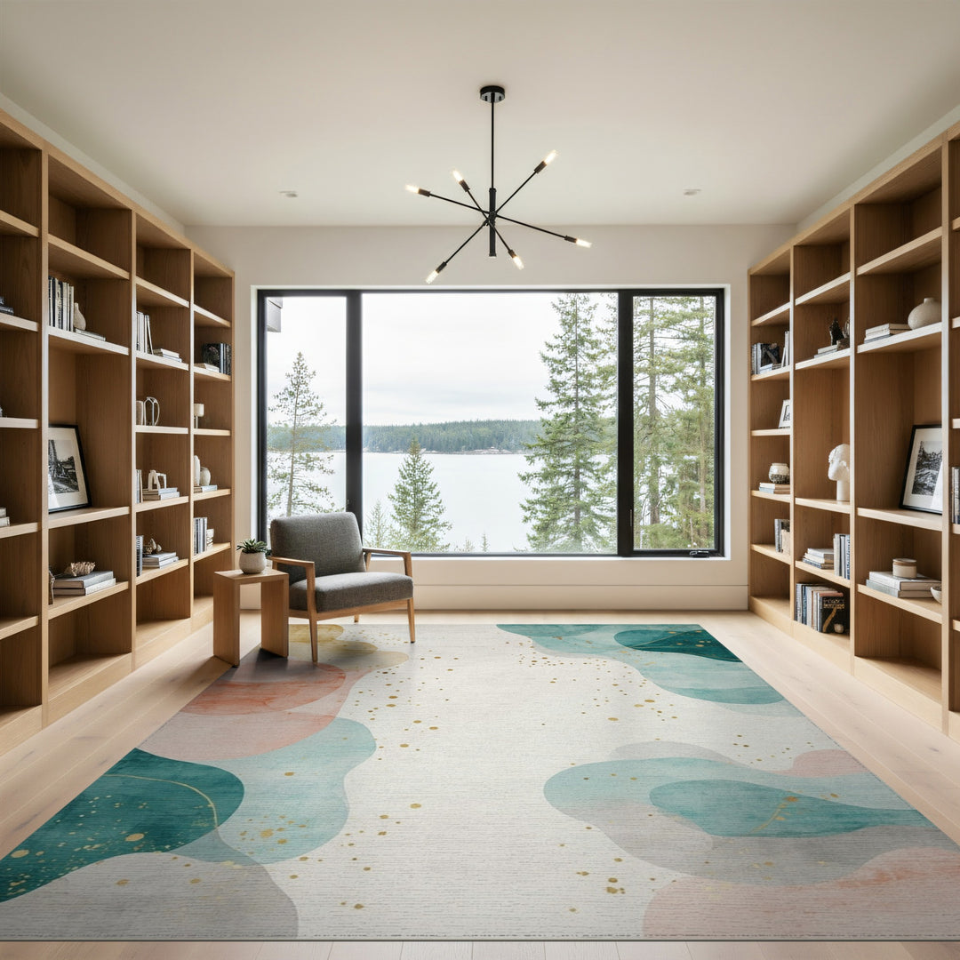 Abstract Teal Coral Washable Area Rug